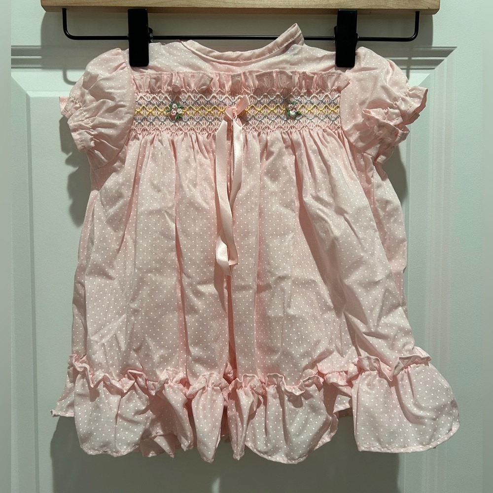 Vintage Roanna Pink Smocked Baby Dress Polka Dot 12M Made in USA
